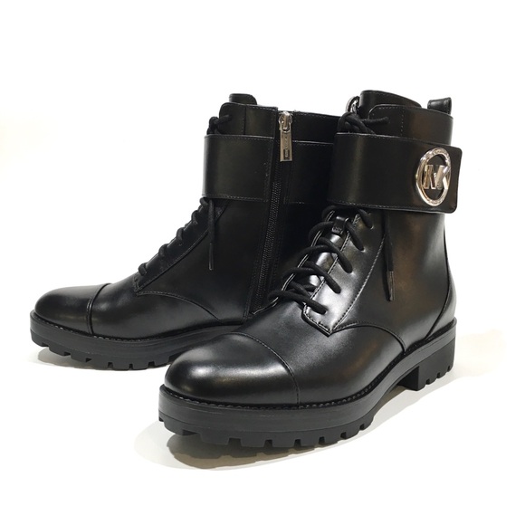 MICHAEL KORS TATUM LOGO COMBAT BOOTS -BLACK FAUX LEATHER -US 9.5 -NEW - Picture 4 of 9
